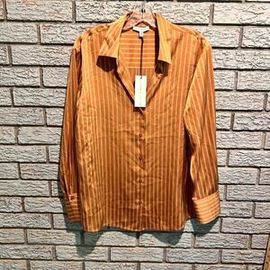 Maison d'Amelie Paris Womens Orange Striped Satin Button Down Shirt Size Medium